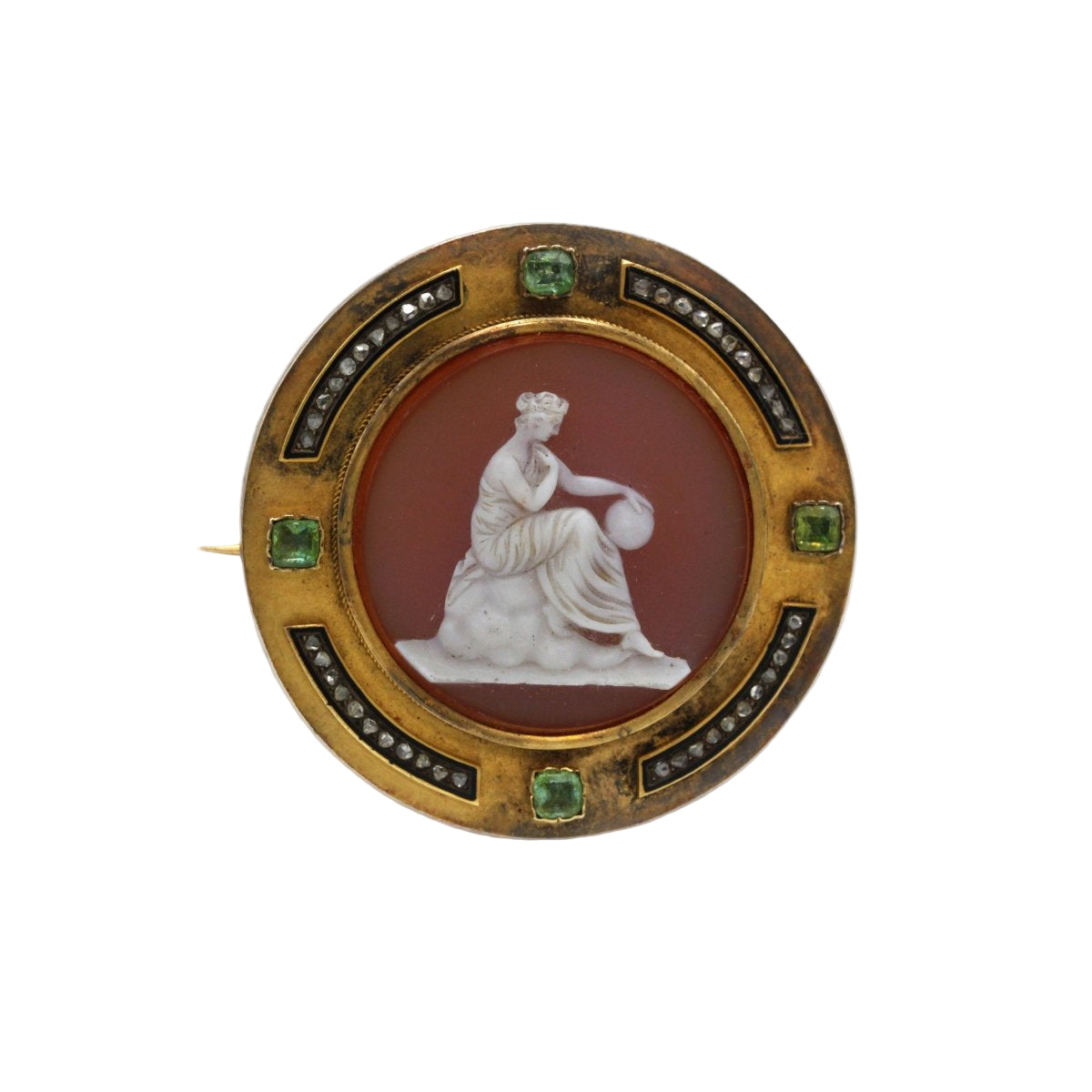 Broche URANIE Pendentif en or jaune émail noir agate émeraudes diamants - Castafiore