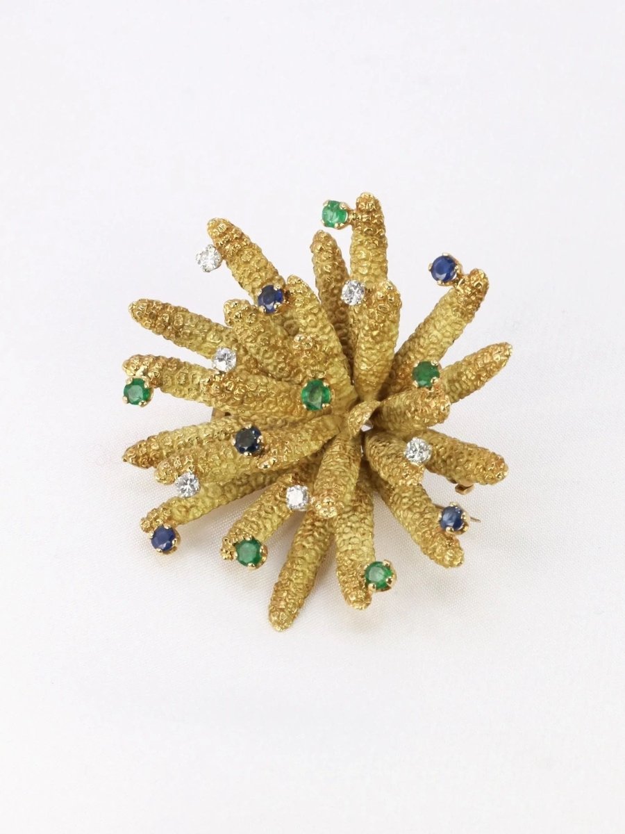 Broche vintage anémone or jaune diamants émeraudes saphirs - Castafiore