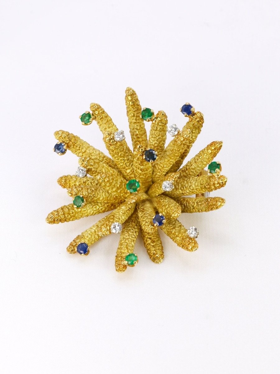 Broche vintage anémone or jaune diamants émeraudes saphirs - Castafiore