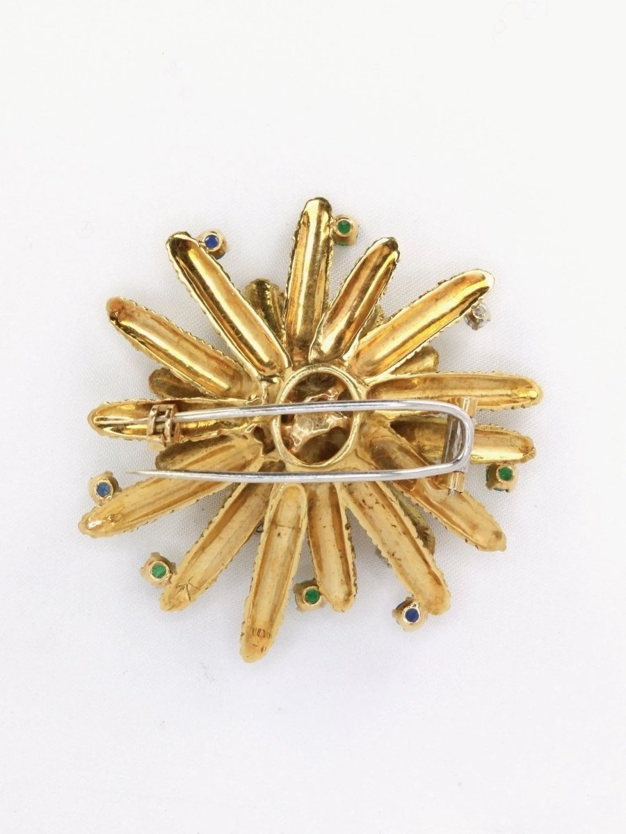 Broche vintage anémone or jaune diamants émeraudes saphirs - Castafiore