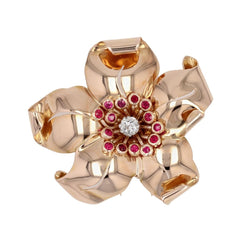 Broche vintage clip fleur diamants rubis - Castafiore