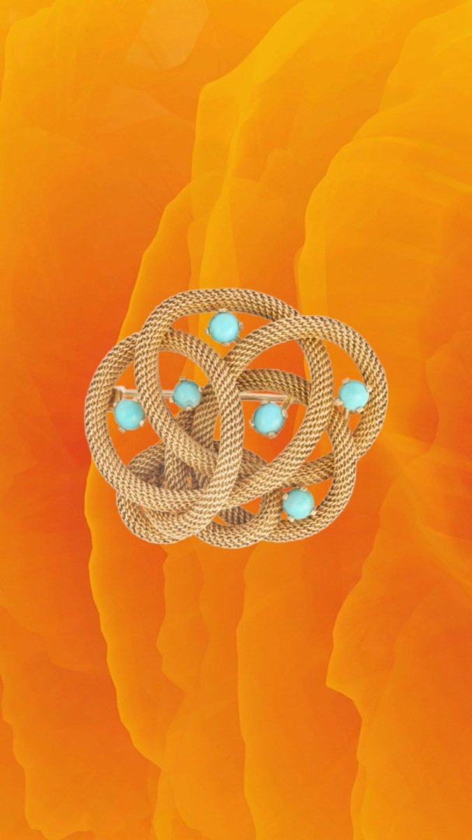 Broche Vintage Nœud Torsadé Turquoises Or Jaune 18 Carats - Castafiore