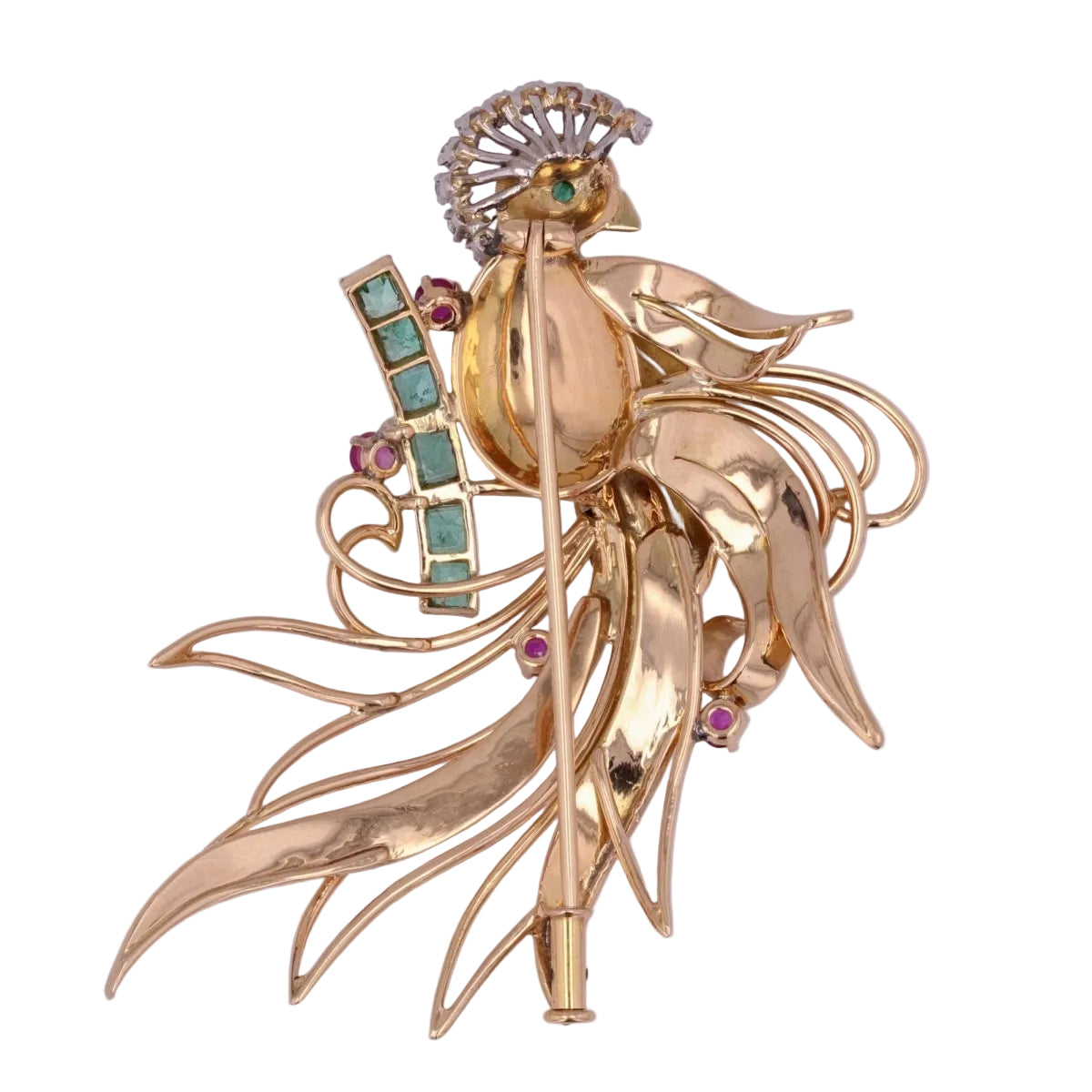 Broche VINTAGE Oiseau de paradis en or jaune diamants émeraudes rubis - Castafiore
