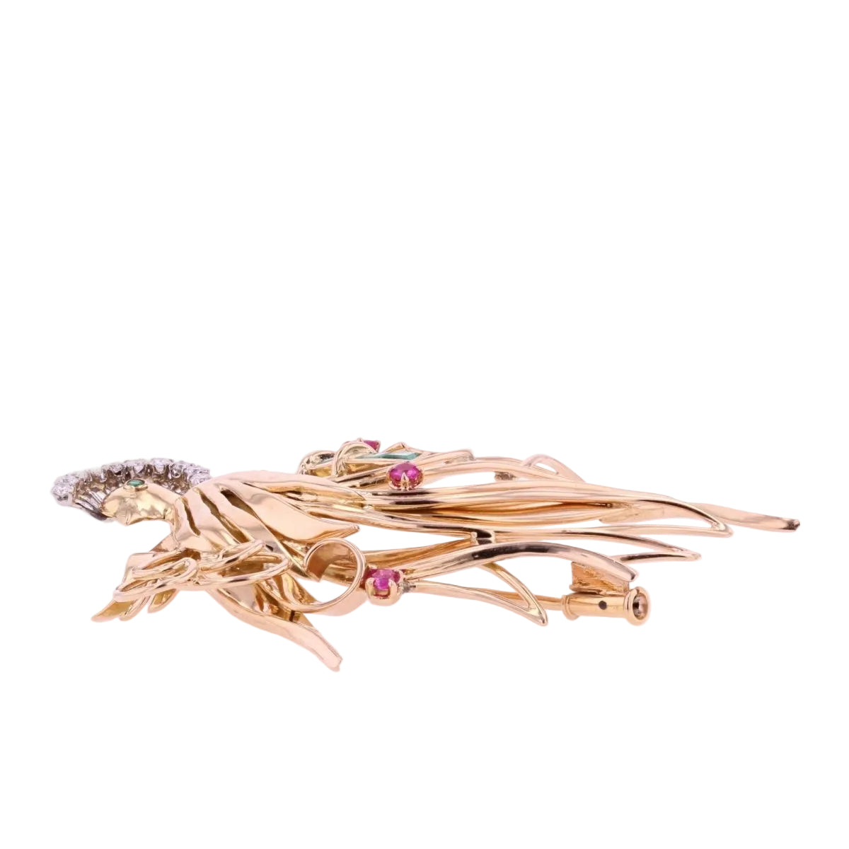 Broche VINTAGE Oiseau de paradis en or jaune diamants émeraudes rubis - Castafiore