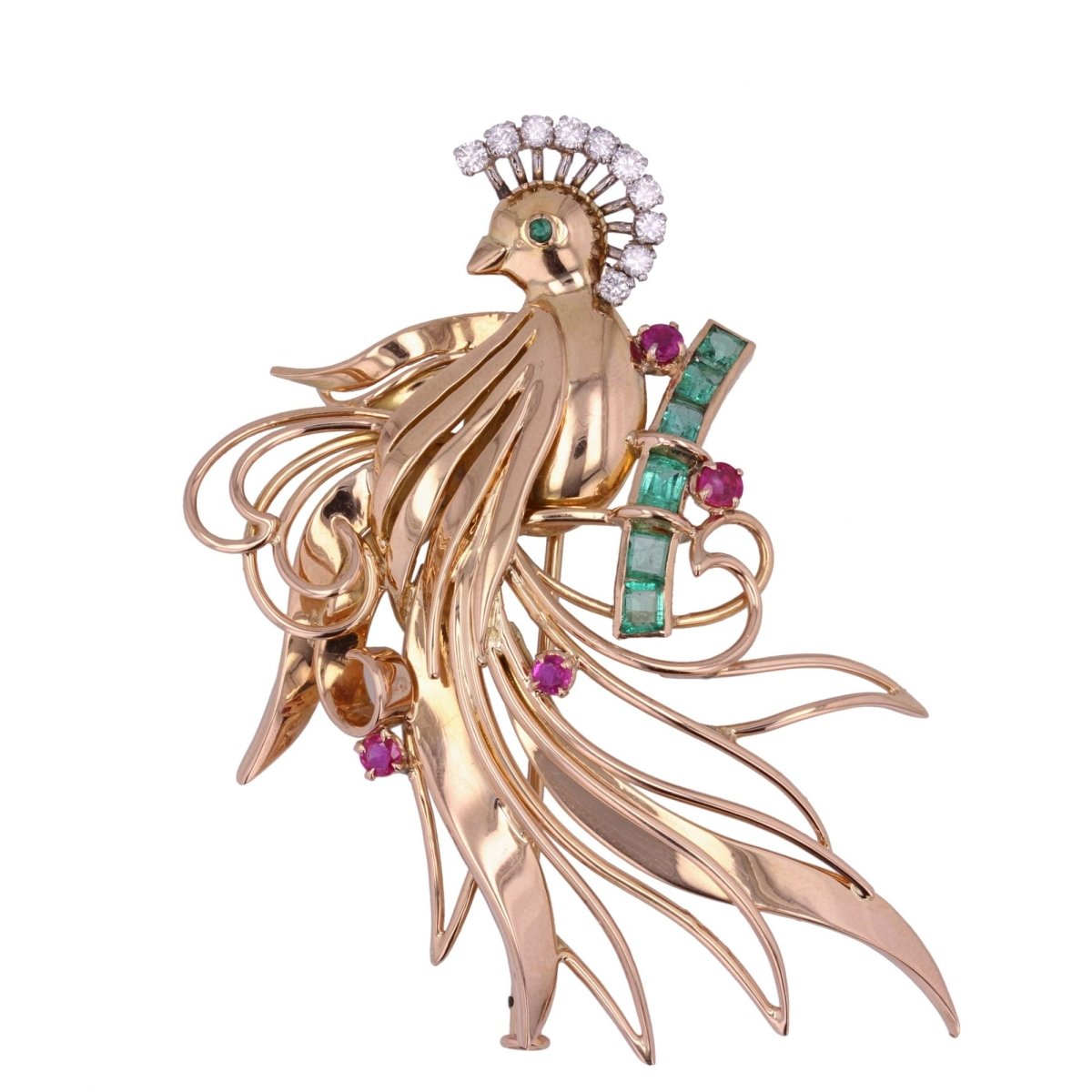 Broche VINTAGE Oiseau de paradis en or jaune diamants émeraudes rubis - Castafiore