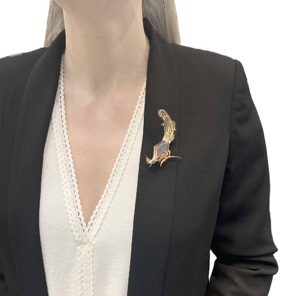 Broche vintage "Oiseau de Paradis" en or rose, citrine et émeraude - Castafiore