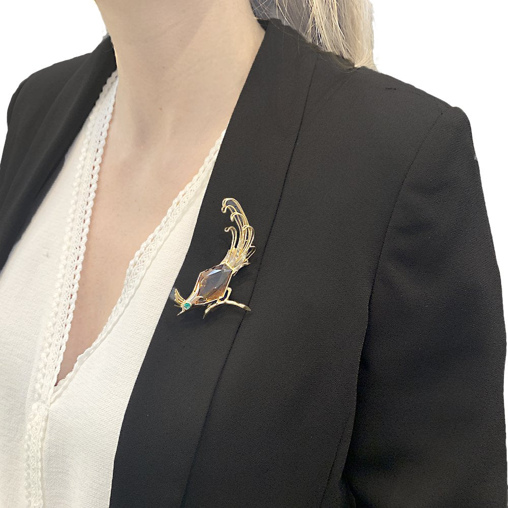 Broche vintage "Oiseau de Paradis" en or rose, citrine et émeraude - Castafiore