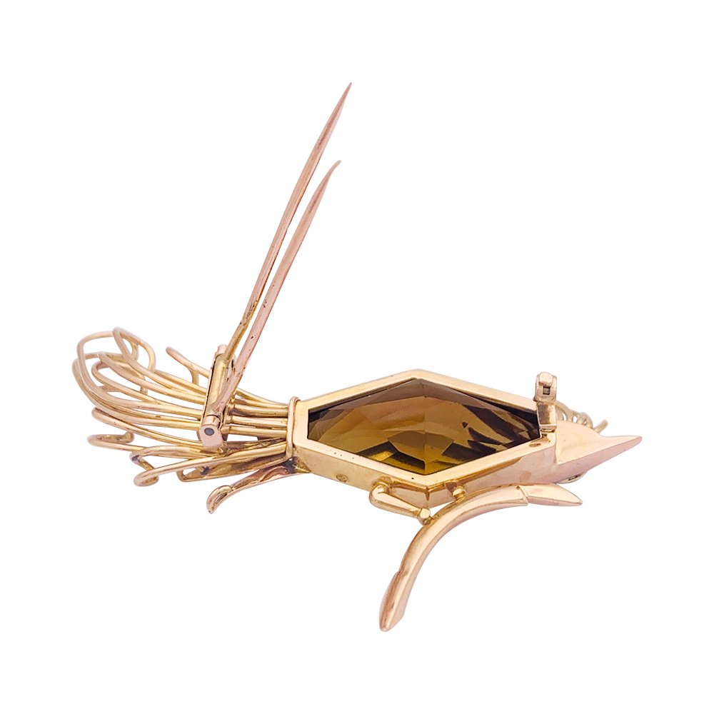 Broche vintage "Oiseau de Paradis" en or rose, citrine et émeraude - Castafiore