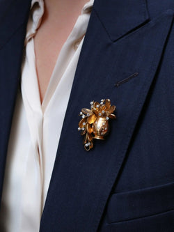 Broche vintage pot de fleurs or jaune platine diamants - Castafiore