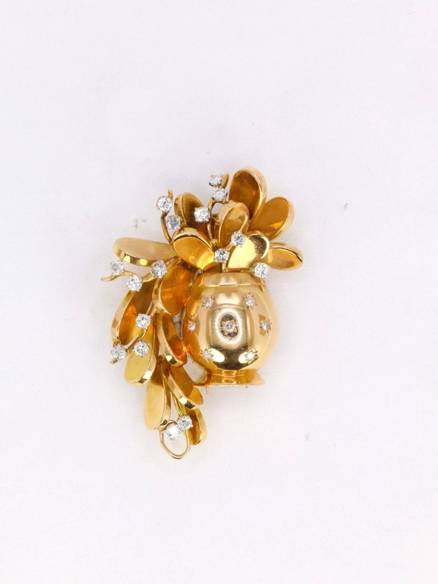 Broche vintage pot de fleurs or jaune platine diamants - Castafiore
