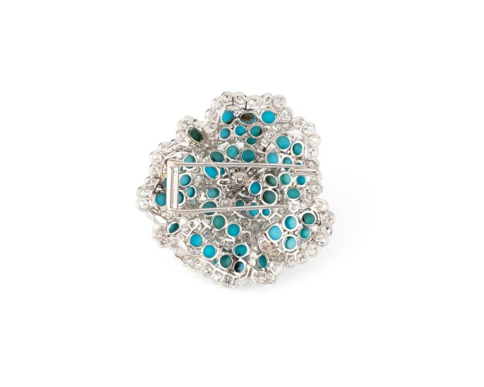 Broche VOURAKIS en or gris, boules de turquoises et diamants - Castafiore