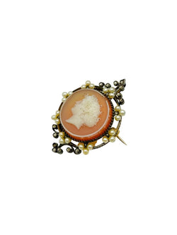 Broche/Pendentif Camée en agate, perles, diamants et or jaune - Castafiore