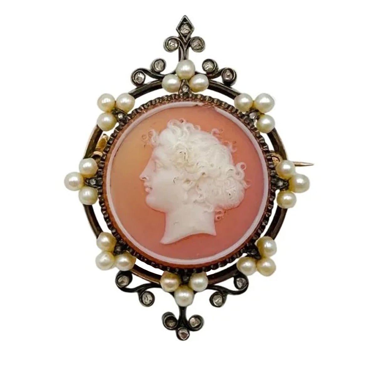 Broche/Pendentif Camée en agate, perles, diamants et or jaune - Castafiore
