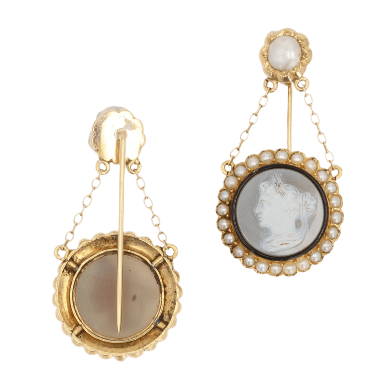 Broches en or jaune, agate et perles - Castafiore