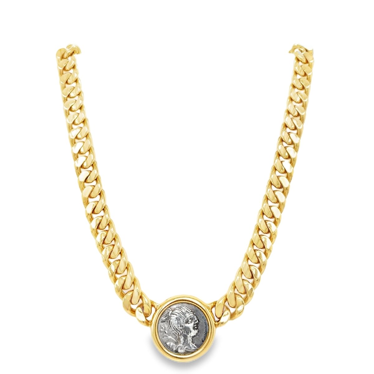 Bulgari 18K Gold “Monete” Necklace with Ancient Roman Silver Coin – Signed, Circa 1980 - Castafiore