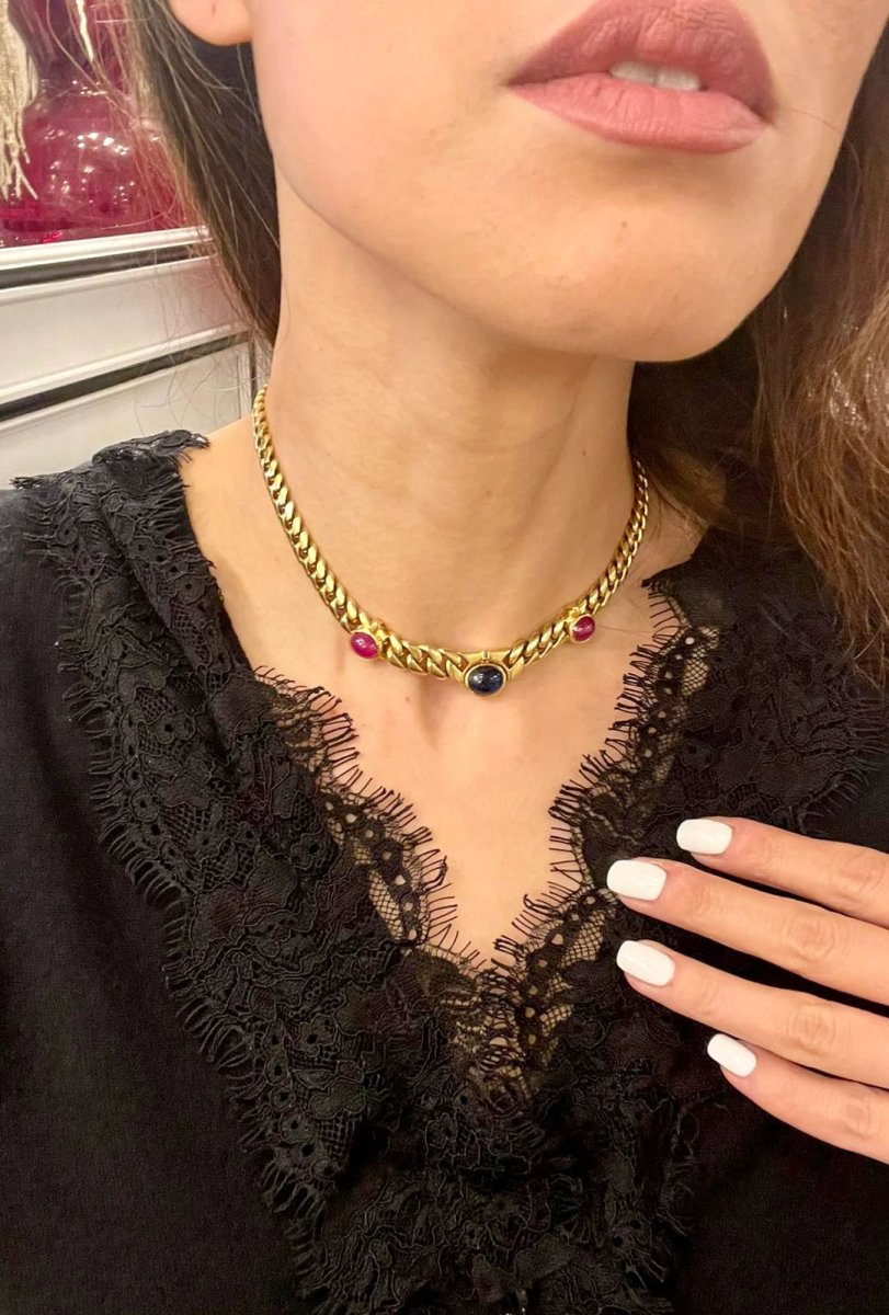 Bulgari 1970' Ruby Sapphire Diamond Curb Link Necklace - Castafiore