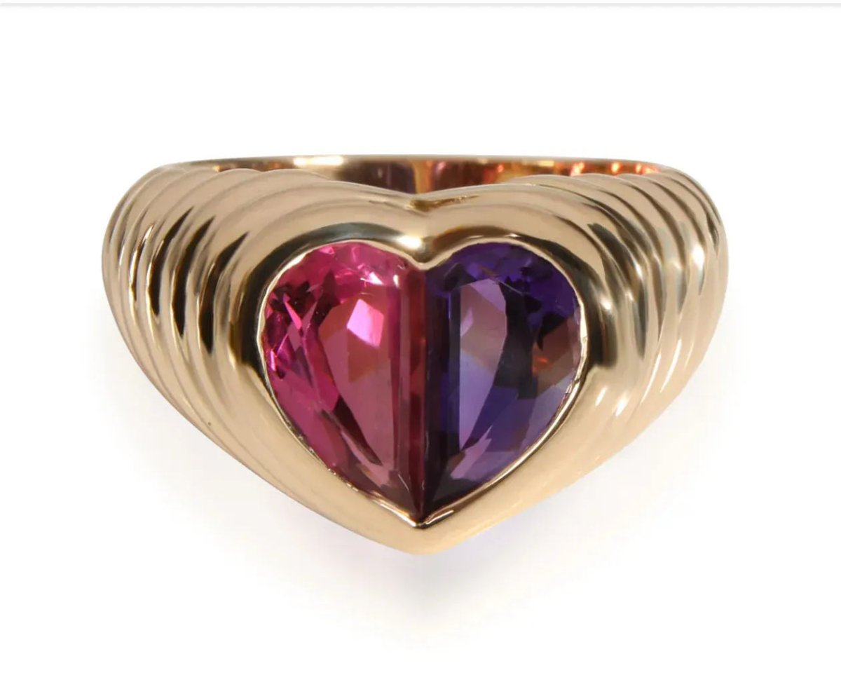 Bulgari Baccellato Pink Tourmaline & Amethyst Heart Gold Ring - Castafiore