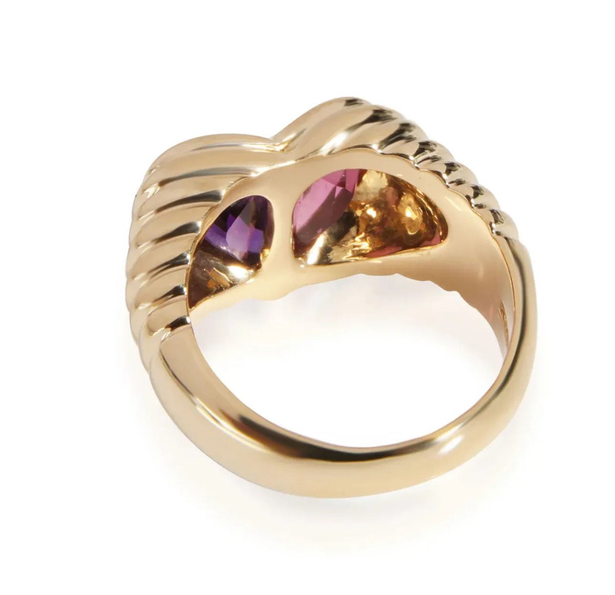 Bulgari Baccellato Pink Tourmaline & Amethyst Heart Gold Ring - Castafiore