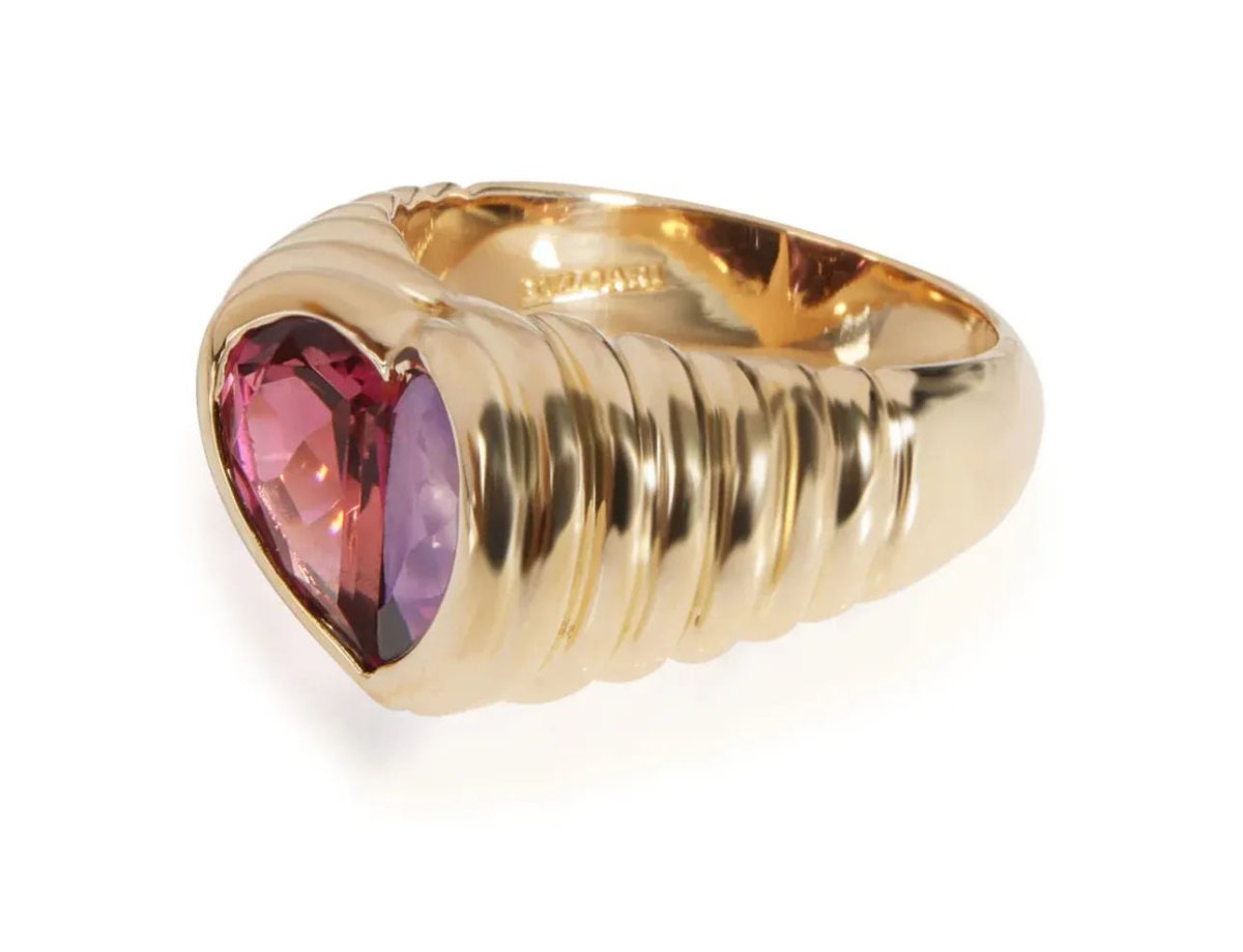 Bulgari Baccellato Pink Tourmaline & Amethyst Heart Gold Ring - Castafiore