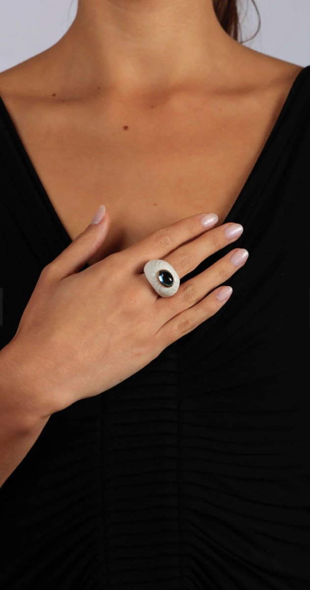 Bulgari Chandra Porcelain Blue Topaz Gold Ring - Castafiore