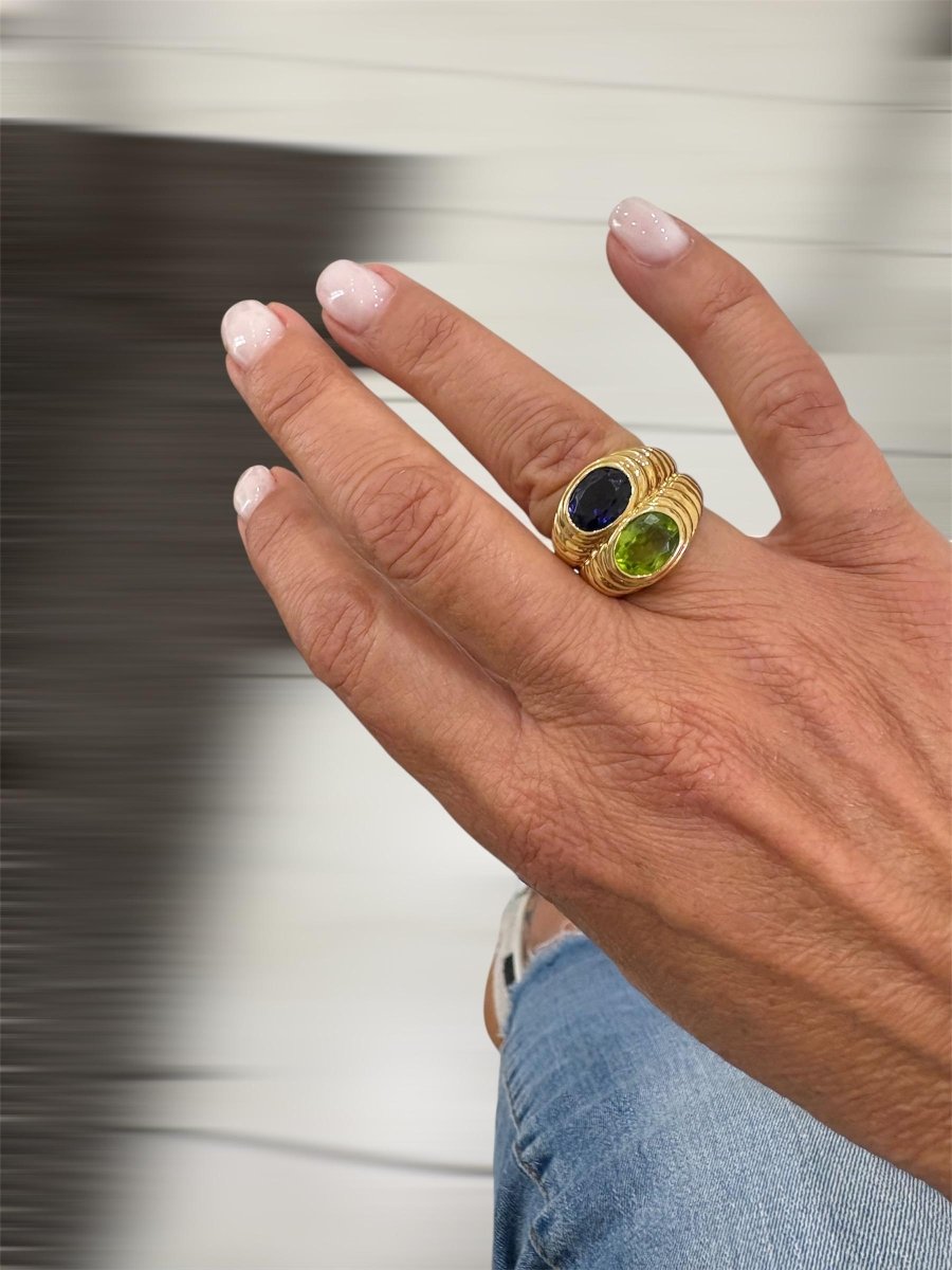 Bulgari Doppio Baccellato Blue Iolite & Peridot Gold Ring - Castafiore