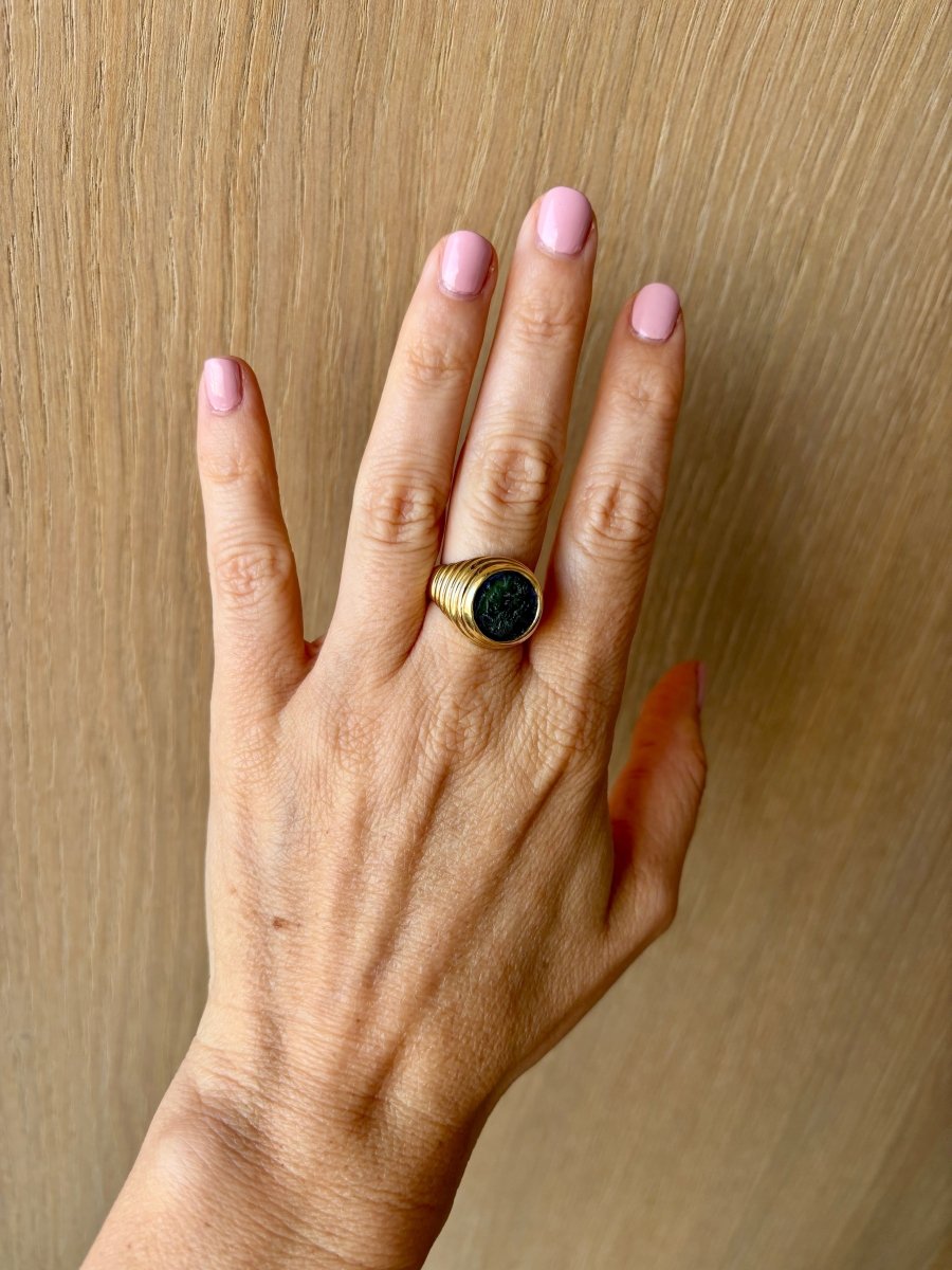 Bulgari "Monete" Ancient Emperor Contstans Copper Coin Gold Ring - Castafiore