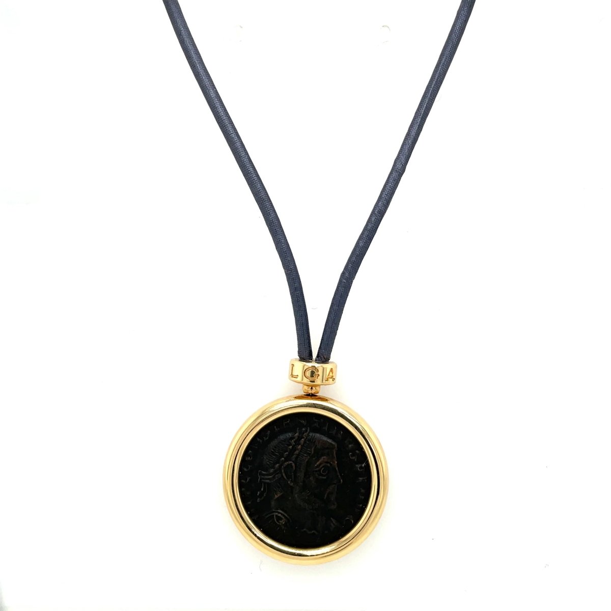 Bulgari Monete Constantinus Coin Black Lace Yellow Gold Pendant Necklace - Castafiore