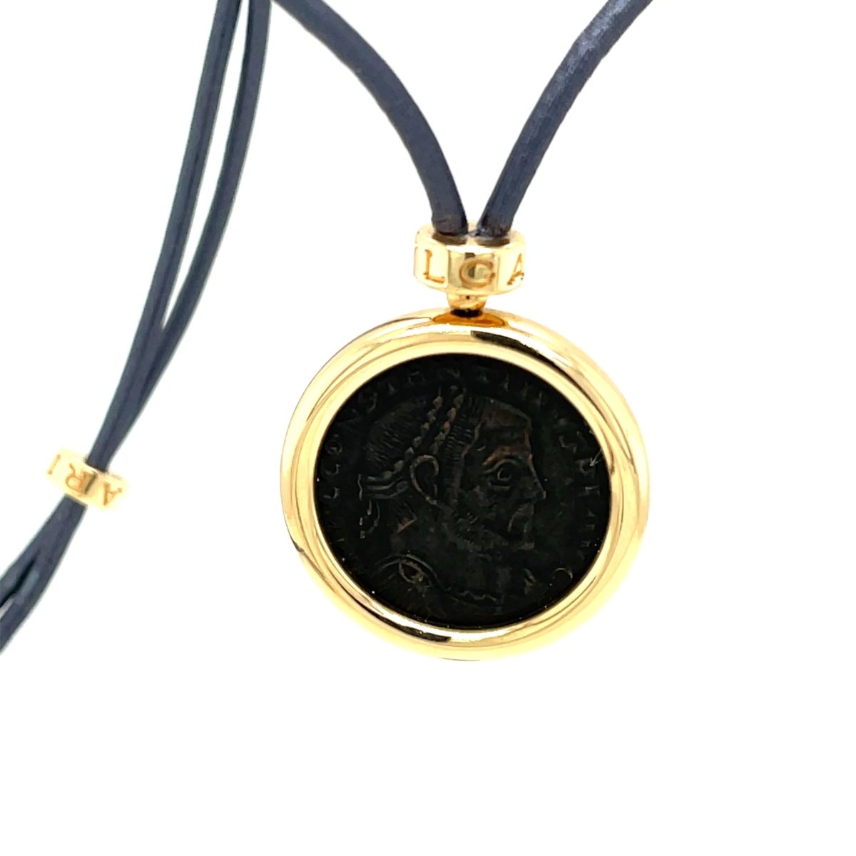 Bulgari Monete Constantinus Coin Black Lace Yellow Gold Pendant Necklace - Castafiore