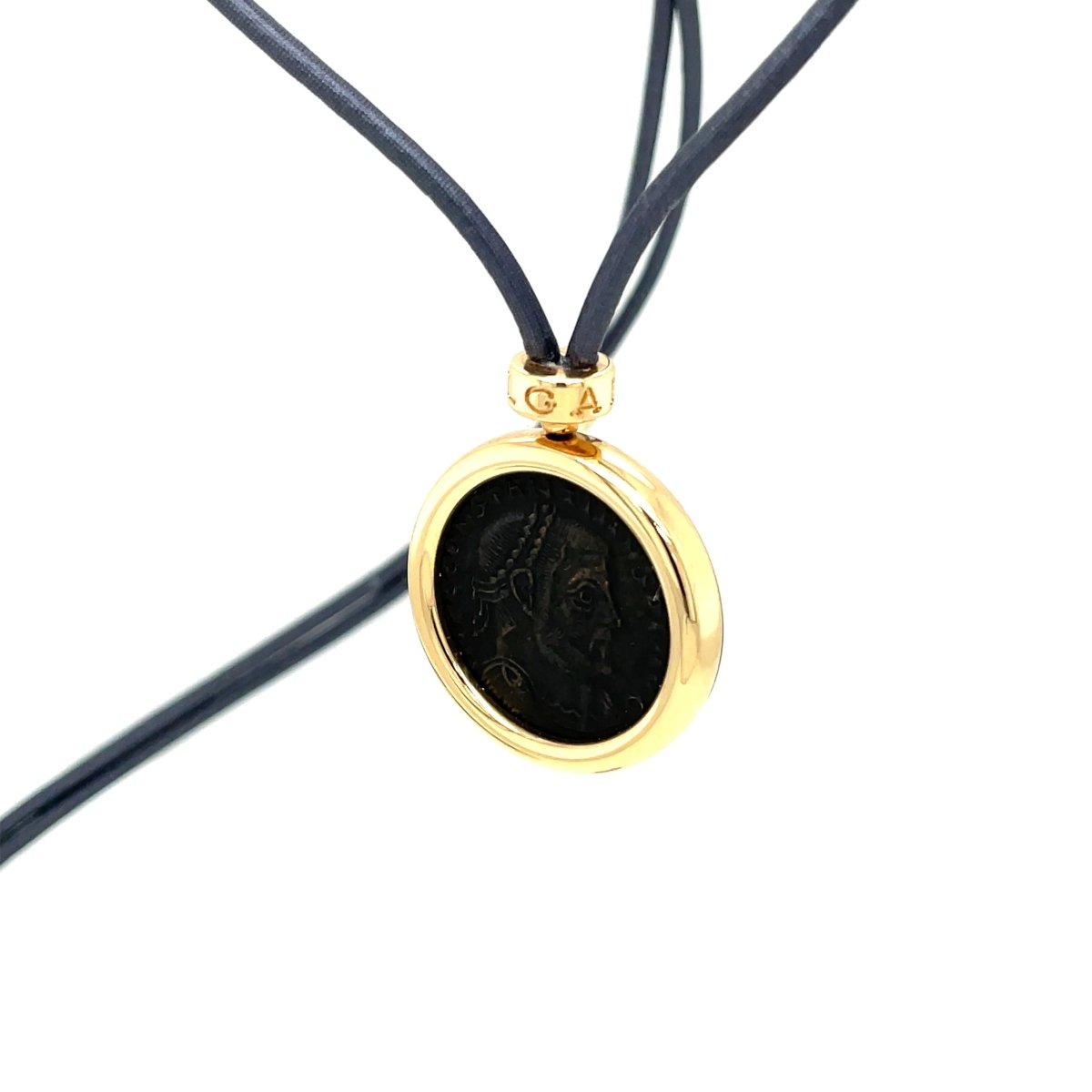 Bulgari Monete Constantinus Coin Black Lace Yellow Gold Pendant Necklace - Castafiore