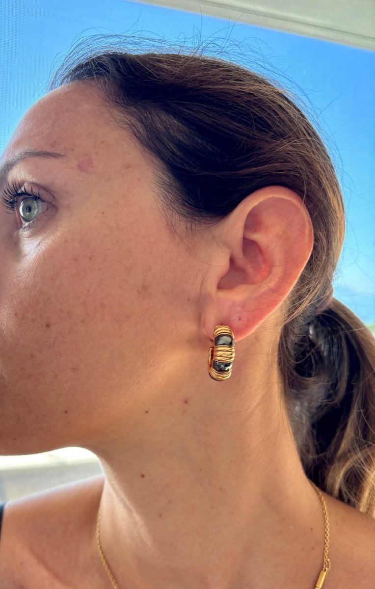 Bulgari Parentesi Gold Hematite Clip - On and Pin Hoop Earrings - Castafiore