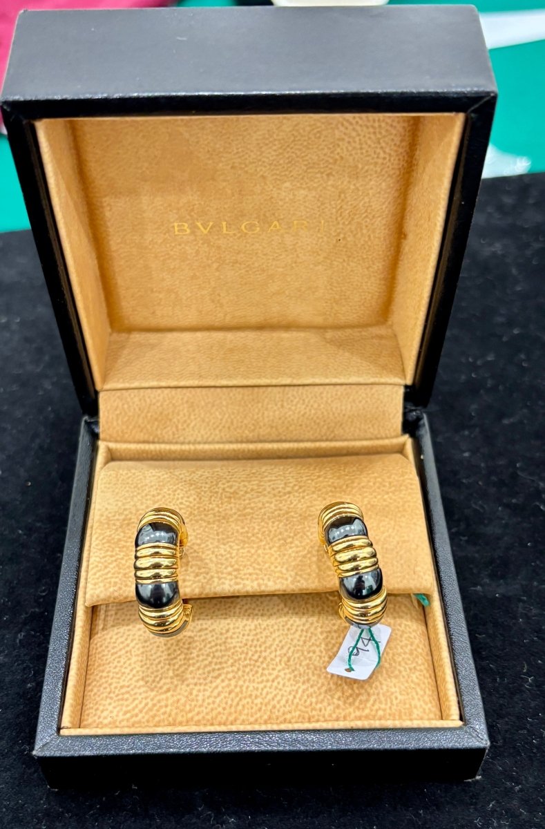 Bulgari Parentesi Gold Hematite Clip - On and Pin Hoop Earrings - Castafiore
