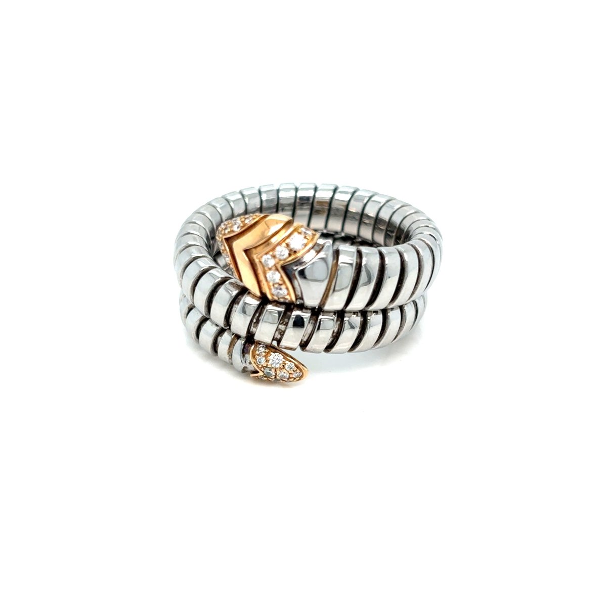 Bulgari Serpenti Tubogas Ring in Steel, Rose Gold and Diamonds - Castafiore
