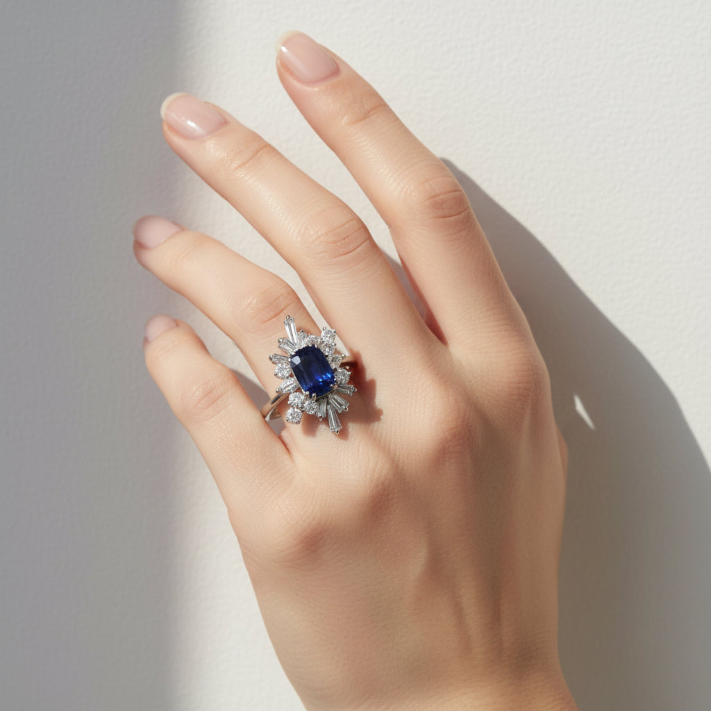 Ring Cocktail in white gold, sapphire and diamonds