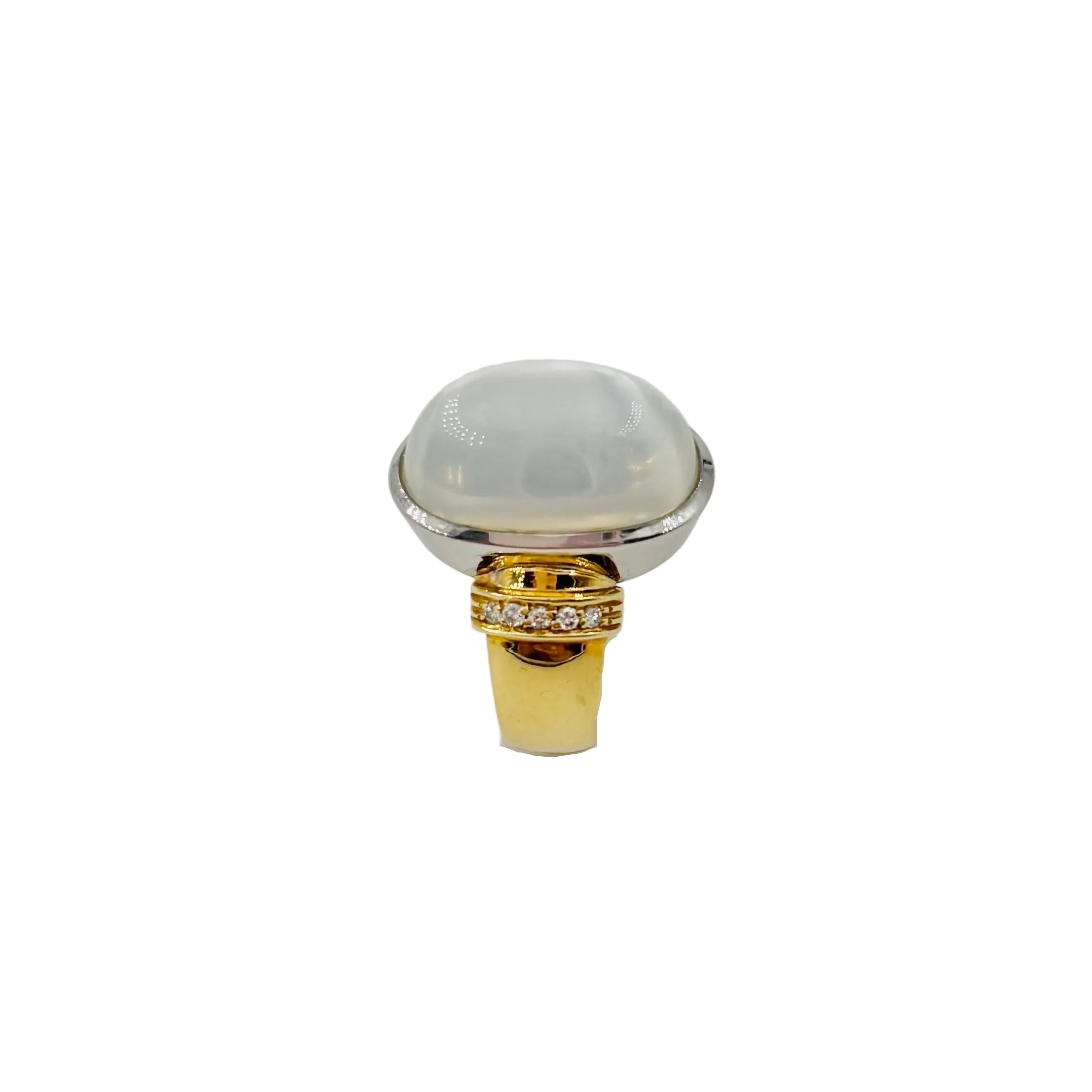Solitaire Ring in yellow gold, white gold, moonstone, and diamonds