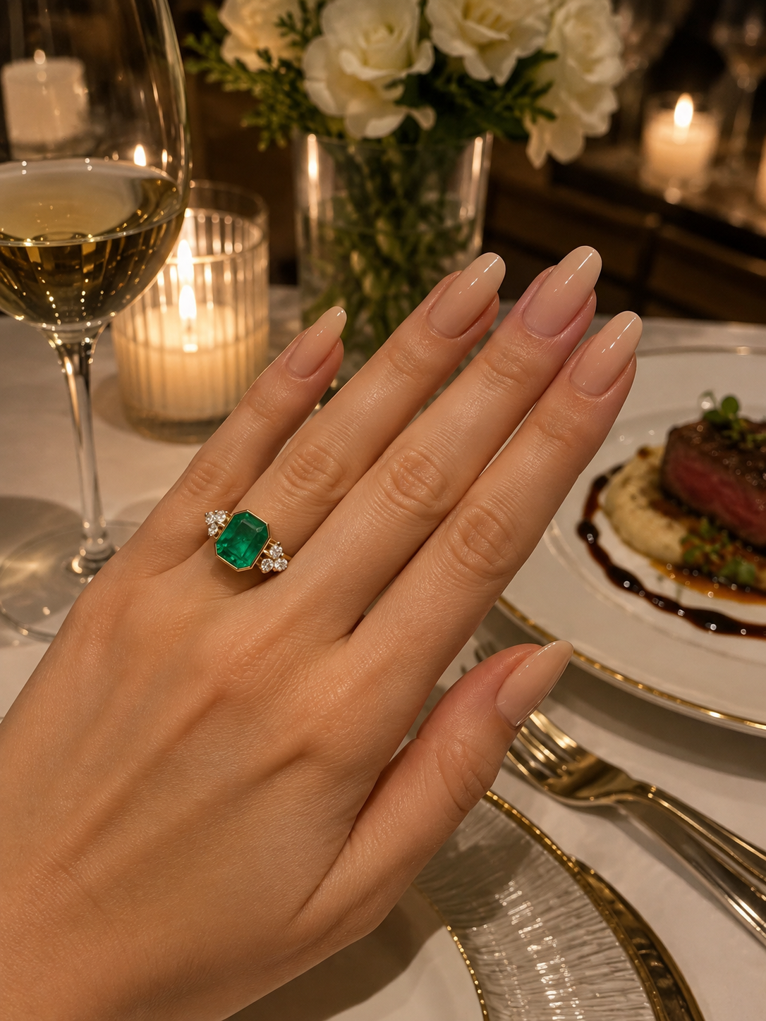 Trilogy Ring in Yellow Gold, Emerald, and Diamonds