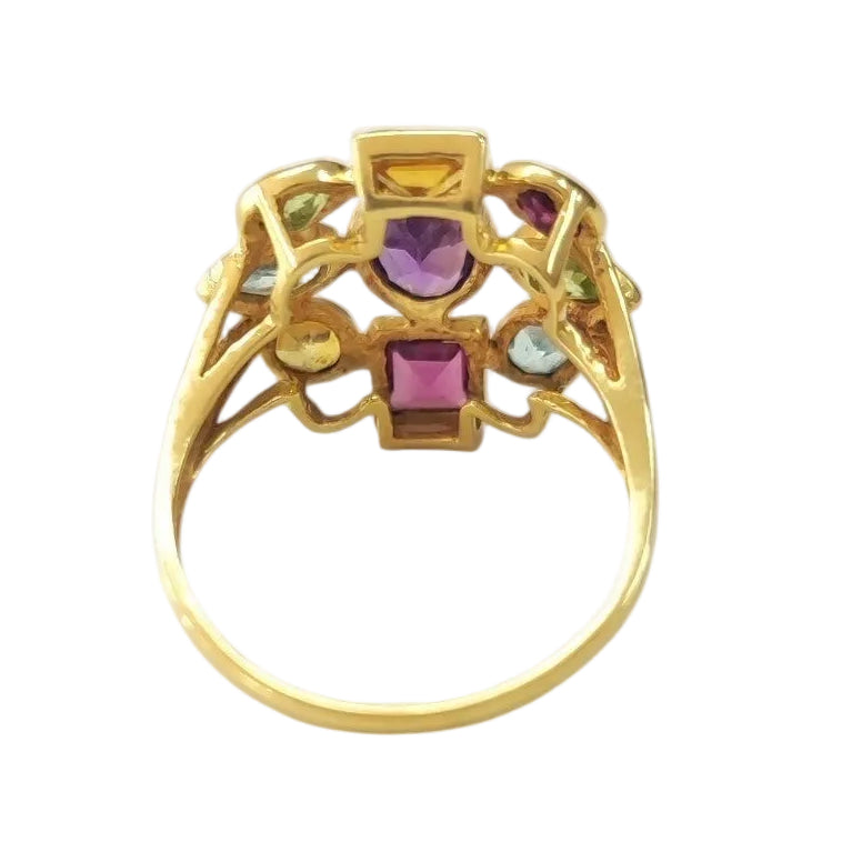 Cocktail Ring in yellow gold with Amethyst, Peridot, Aquamarine, Citrine, and Rhodolites