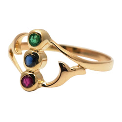 Trilogy Ring in yellow gold, emerald, sapphire, and ruby