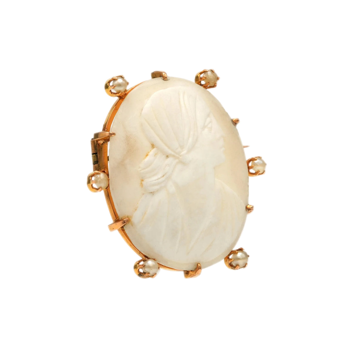 Yellow Gold Brooch with Pearls and a Cameo