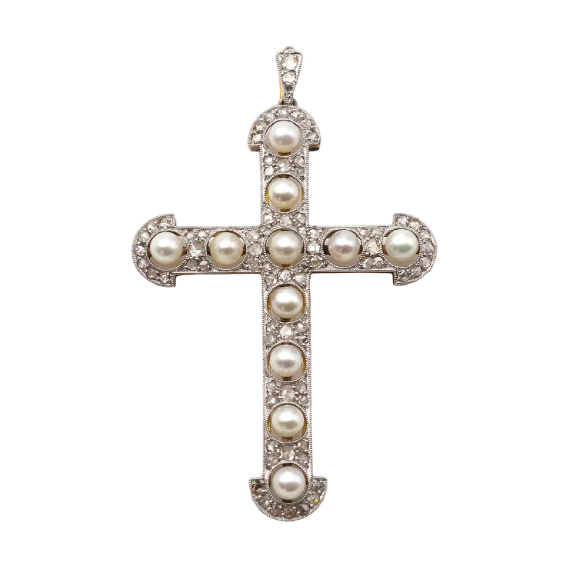 Pendant made of yellow gold, platinum, pearls, and diamonds