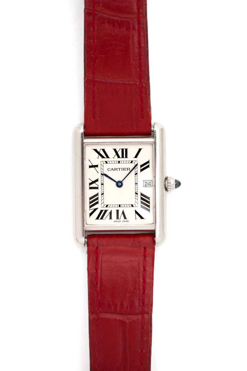 CARTIER "Tank Louis" watch in white gold, sapphire, and leather