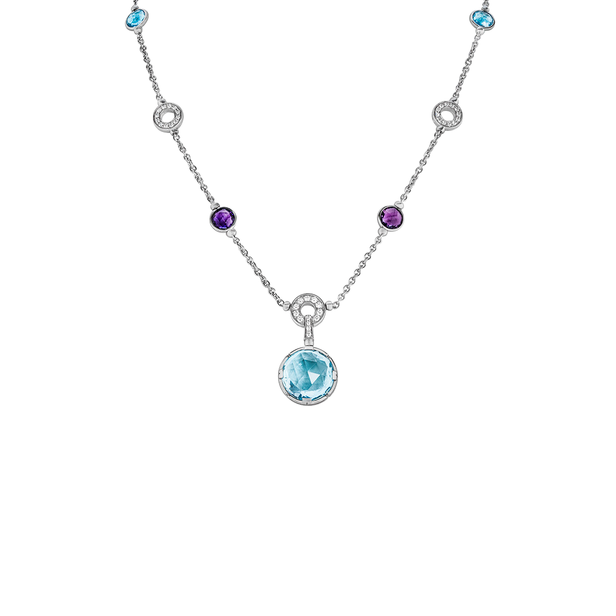 BVLGARI "Parentesi Cocktail" Necklace in white gold, blue topazes, amethysts and diamonds