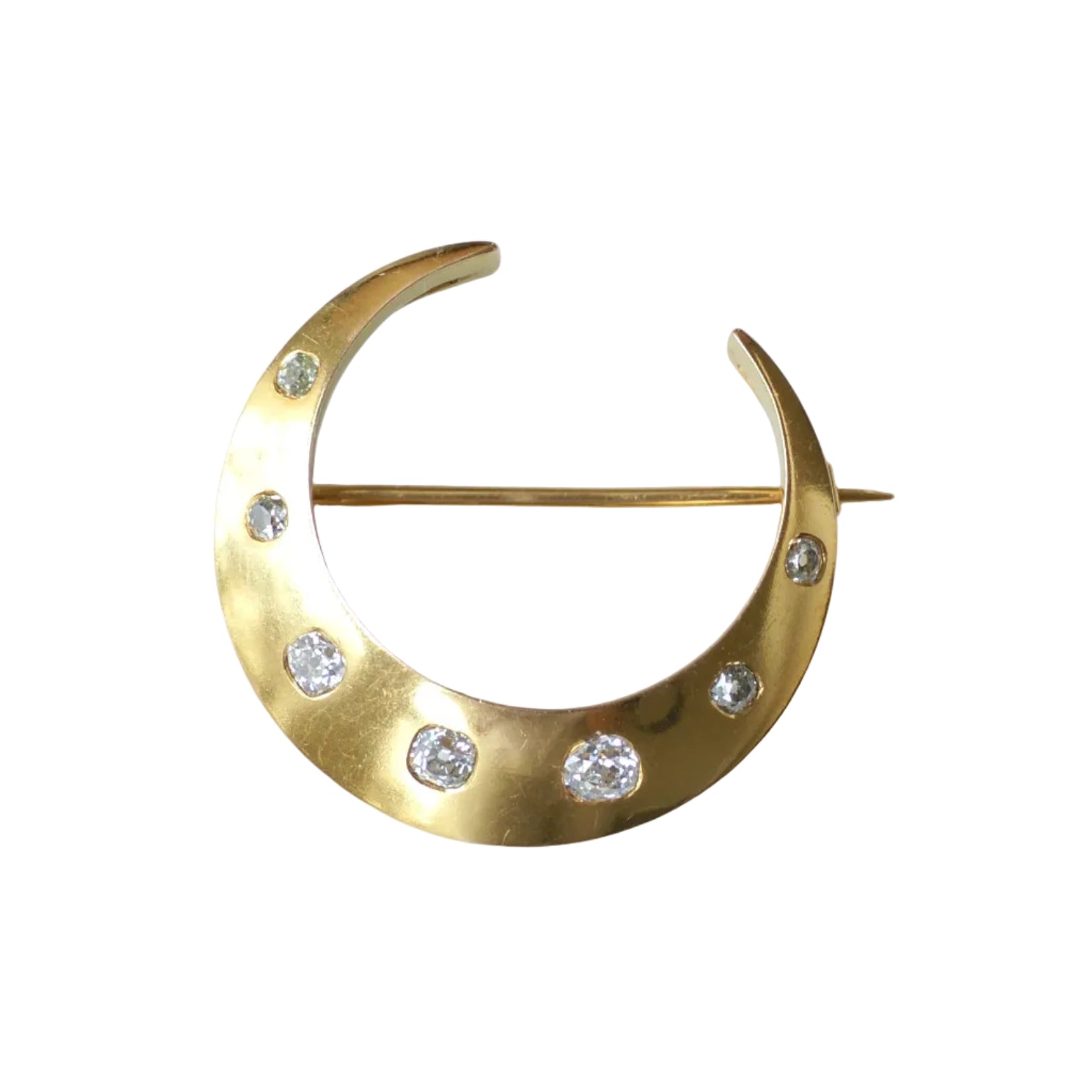 Vintage Crescent Moon Brooch with 1.10-Carat Old European Cut Diamonds on Yellow Gold