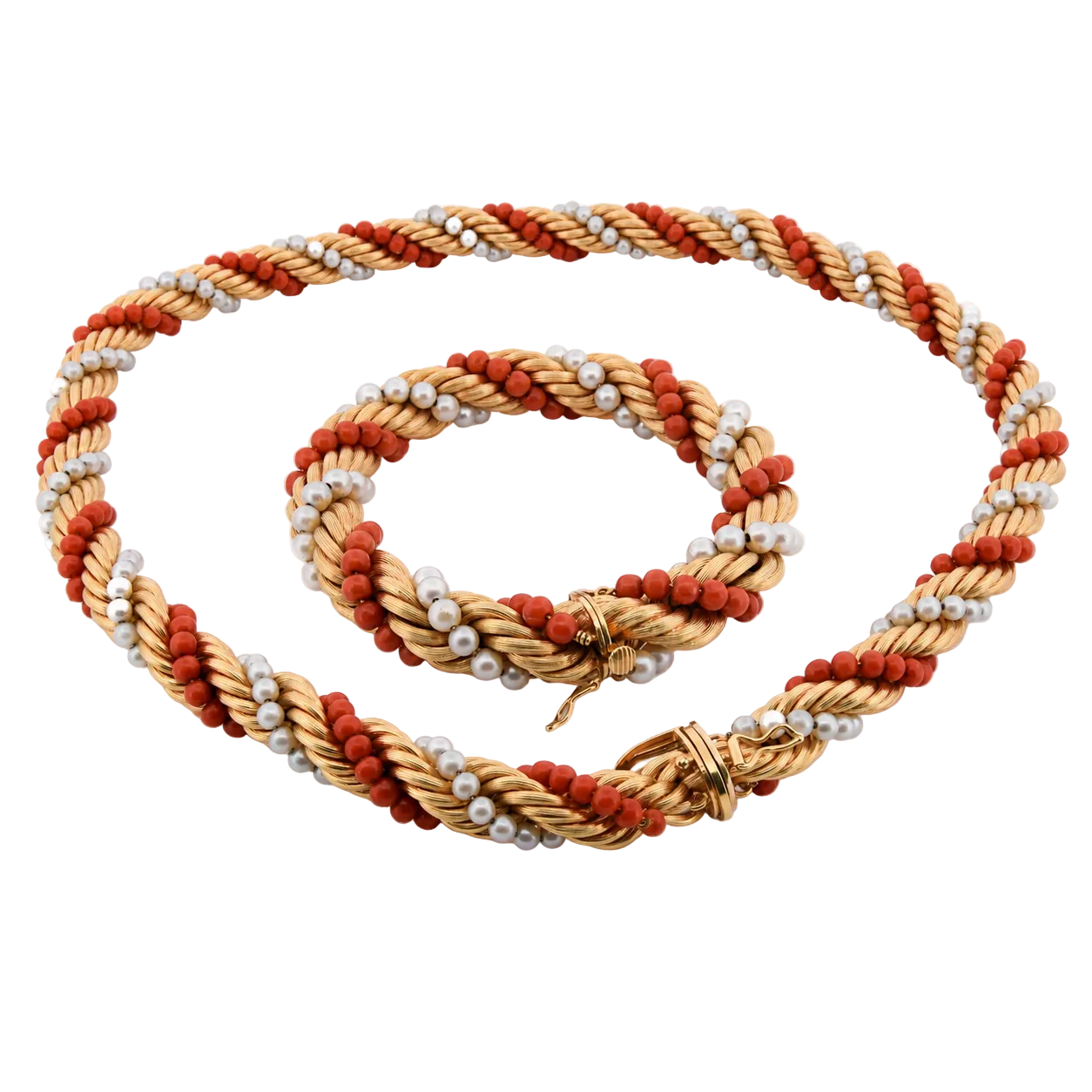 Set of jewelry in yellow gold, coral, and pearls