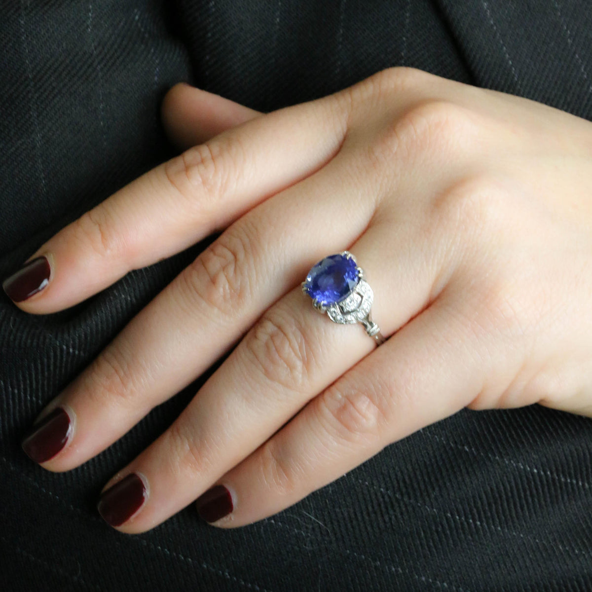 Platinum, sapphire, and diamond ring