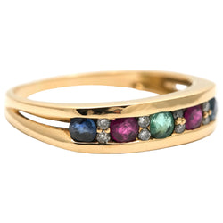 Yellow gold ring with emeralds, rubies, sapphires, and diamonds