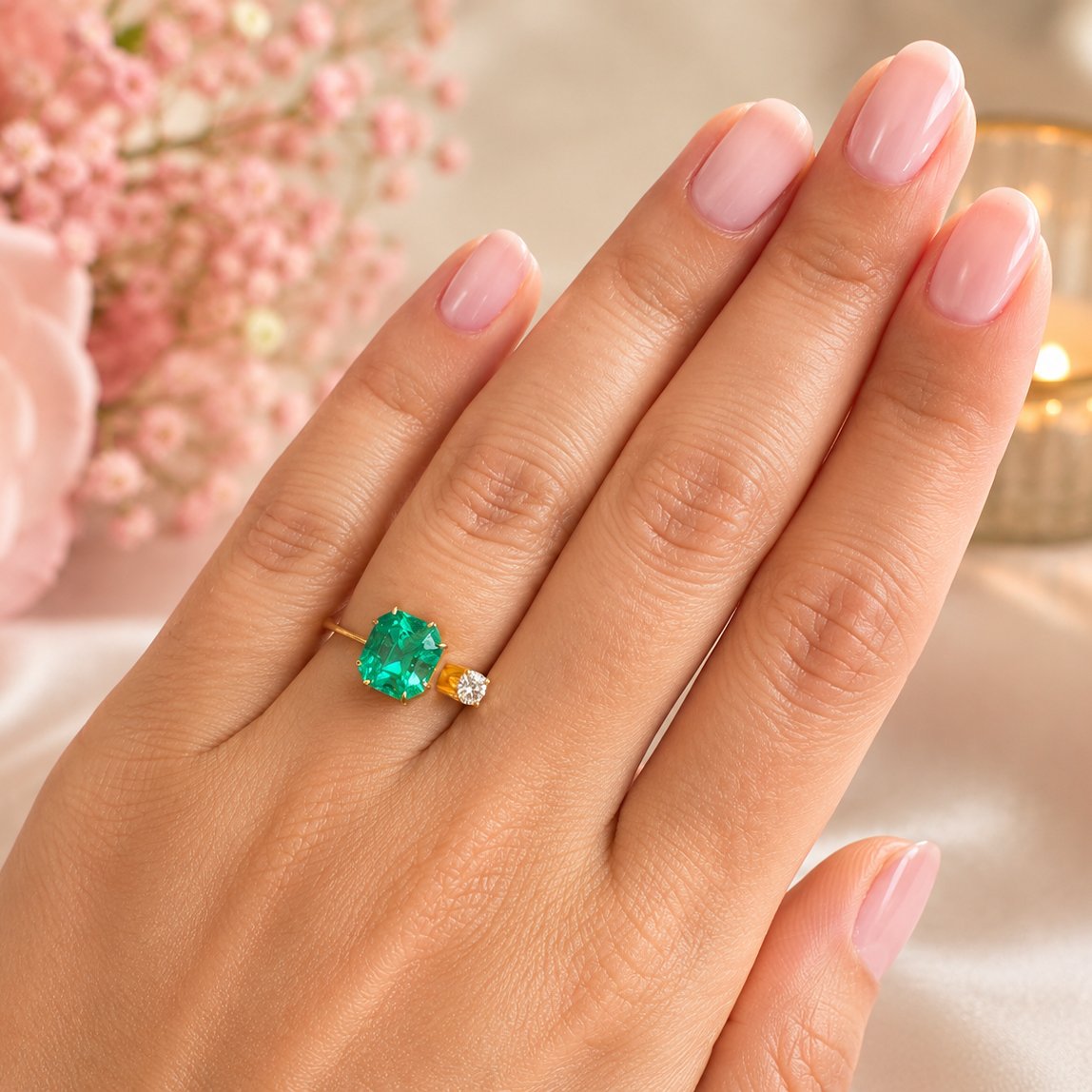 Yellow Gold Solitaire Ring with Emerald and Diamonds