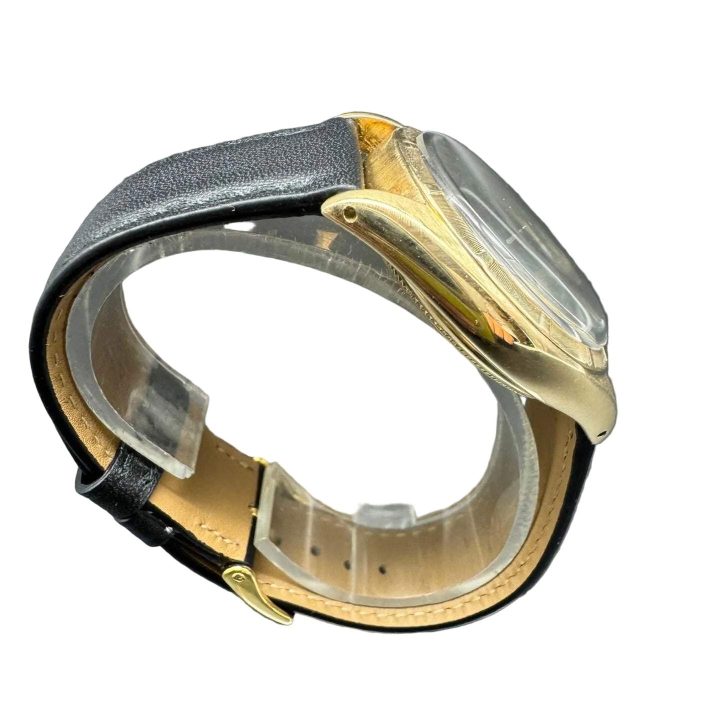 ROLEX "Oyster Perpetual 34" watch in yellow gold and leather
