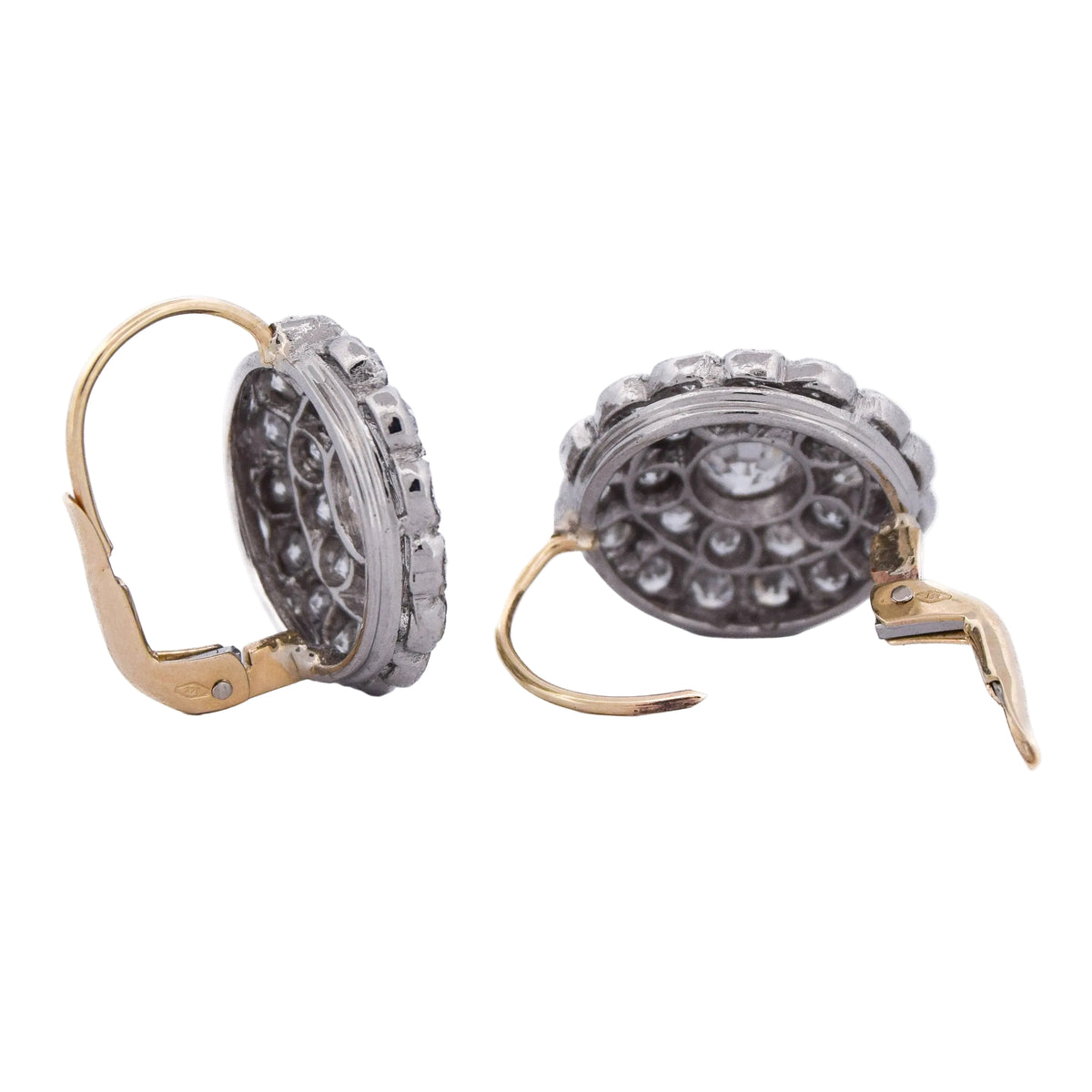 Lever-back earrings in yellow gold, Platinum, and Diamonds