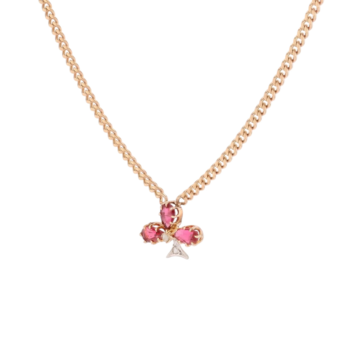 Rose Gold Necklace with Pendant, Pearl, Ruby, and Diamond