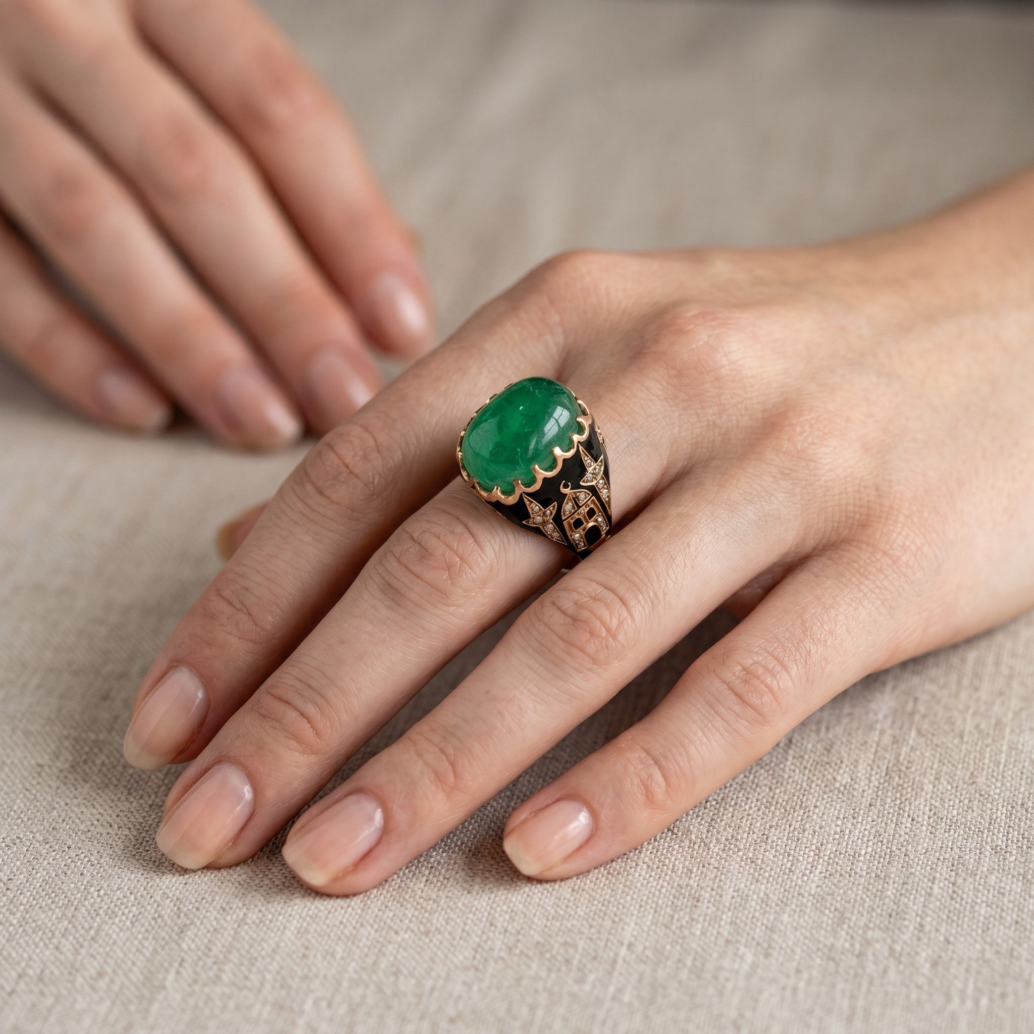 Cocktail Ring in Yellow Gold, Enamel, Emerald, and Diamonds